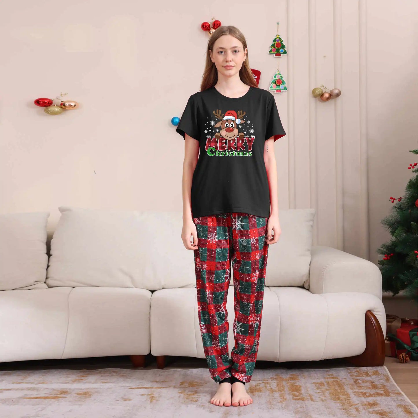 2025 Christmas Pajamas Set Short Sleeve O Neck T-Shirt+Trousers 2 Pieces Suit Family Matching Outfits Print Homewear Xmas Look