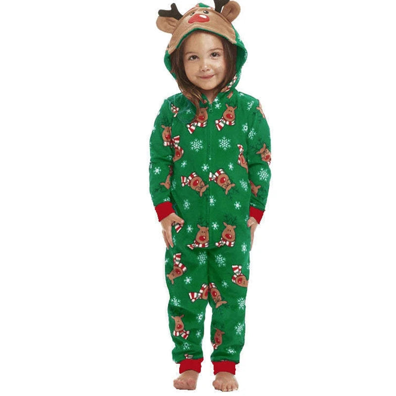 Christmas Matching Outfits for Family Elk Ear Hooded One-Piece Jumpsuit Romper Adults Kids Onesie Pajamas Xmas Look Wear Pyjamas