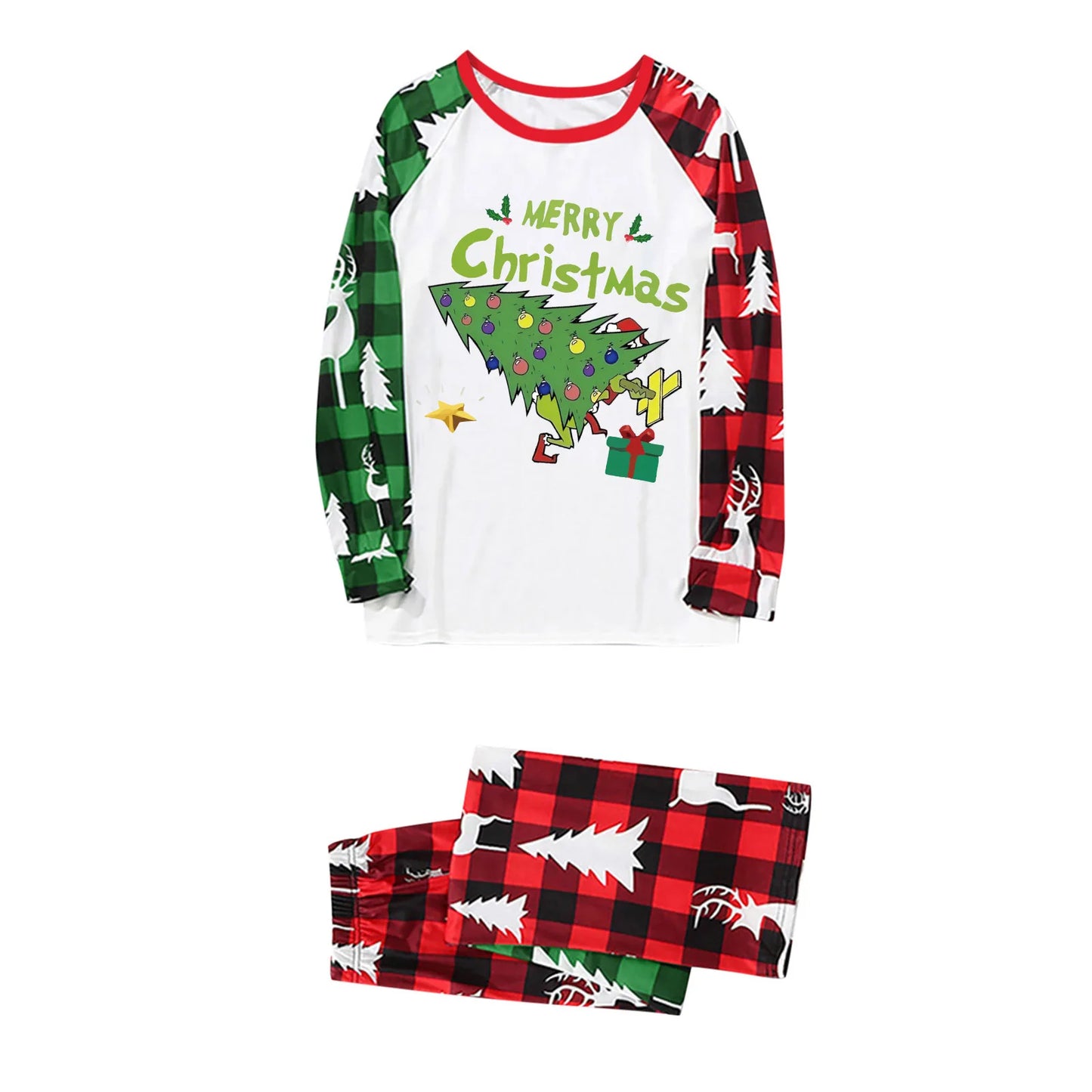 2026 Christmas Tree Patchwork Print Family Pajamas Set New Year's Costumes Holiday Wear Full Sleeve 2 Pcs Suit Pjs