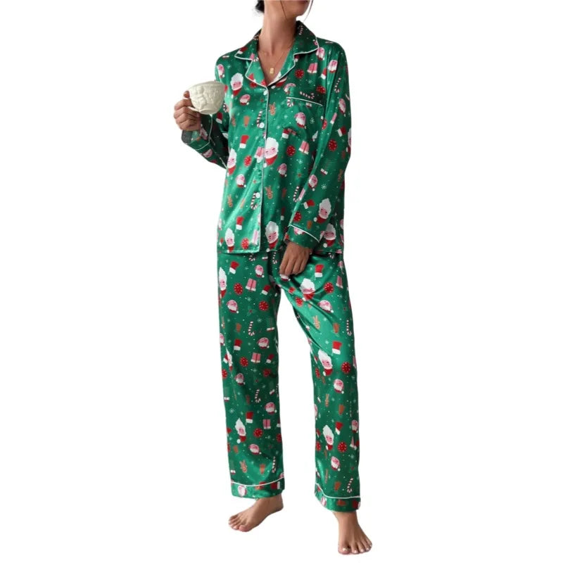 2025 New Women Christmas Pajamas Set Allover Print Button Shirt+trousers 2 Pieces Suit Sleepwear Female Sleepwear Xmas Look Pjs