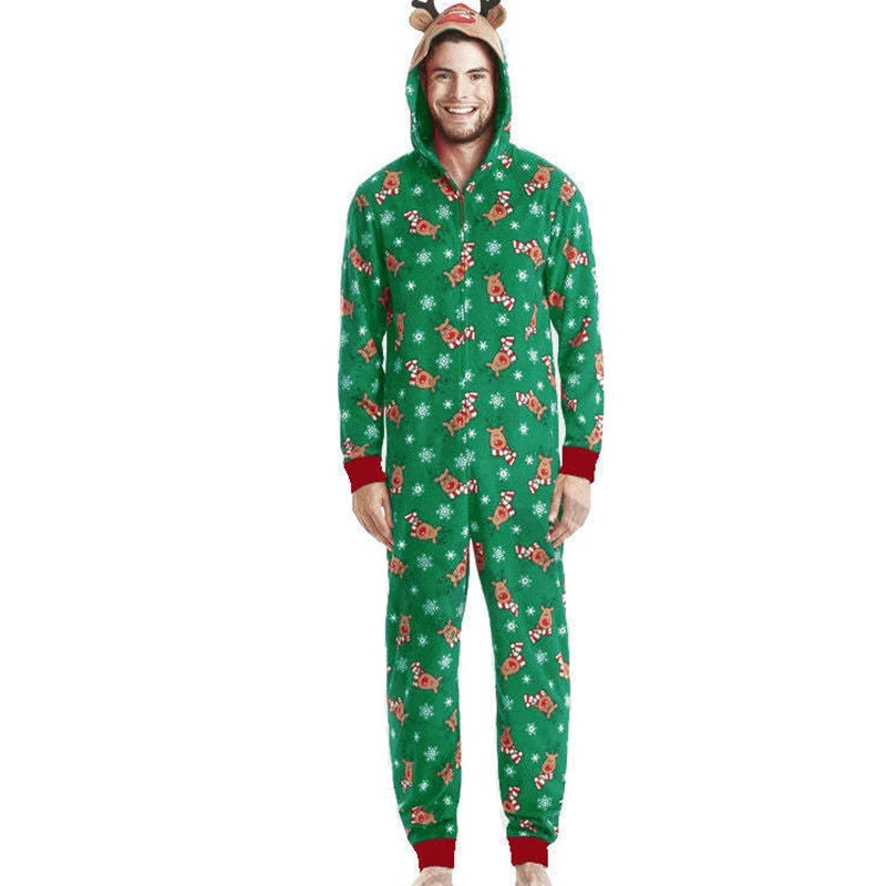 Christmas Matching Outfits for Family Elk Ear Hooded One-Piece Jumpsuit Romper Adults Kids Onesie Pajamas Xmas Look Wear Pyjamas