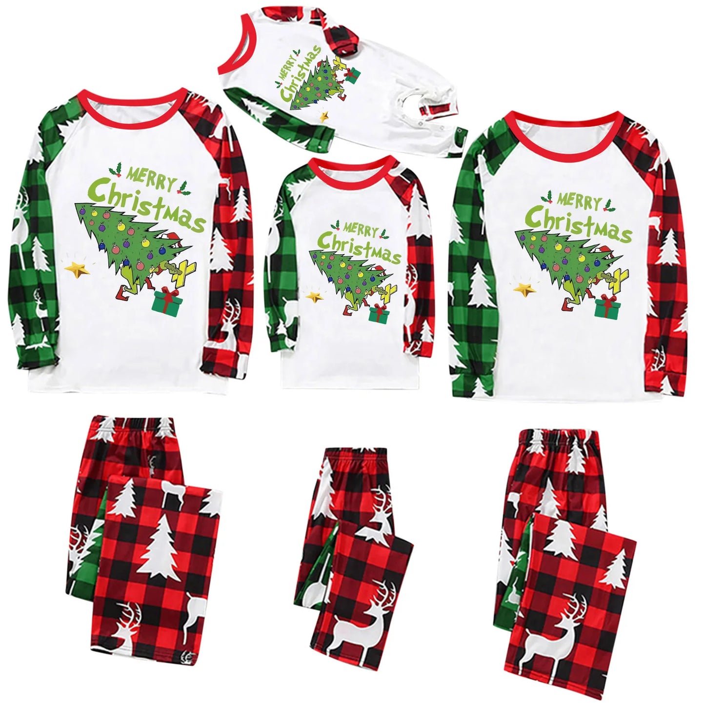 2026 Christmas Tree Patchwork Print Family Pajamas Set New Year's Costumes Holiday Wear Full Sleeve 2 Pcs Suit Pjs