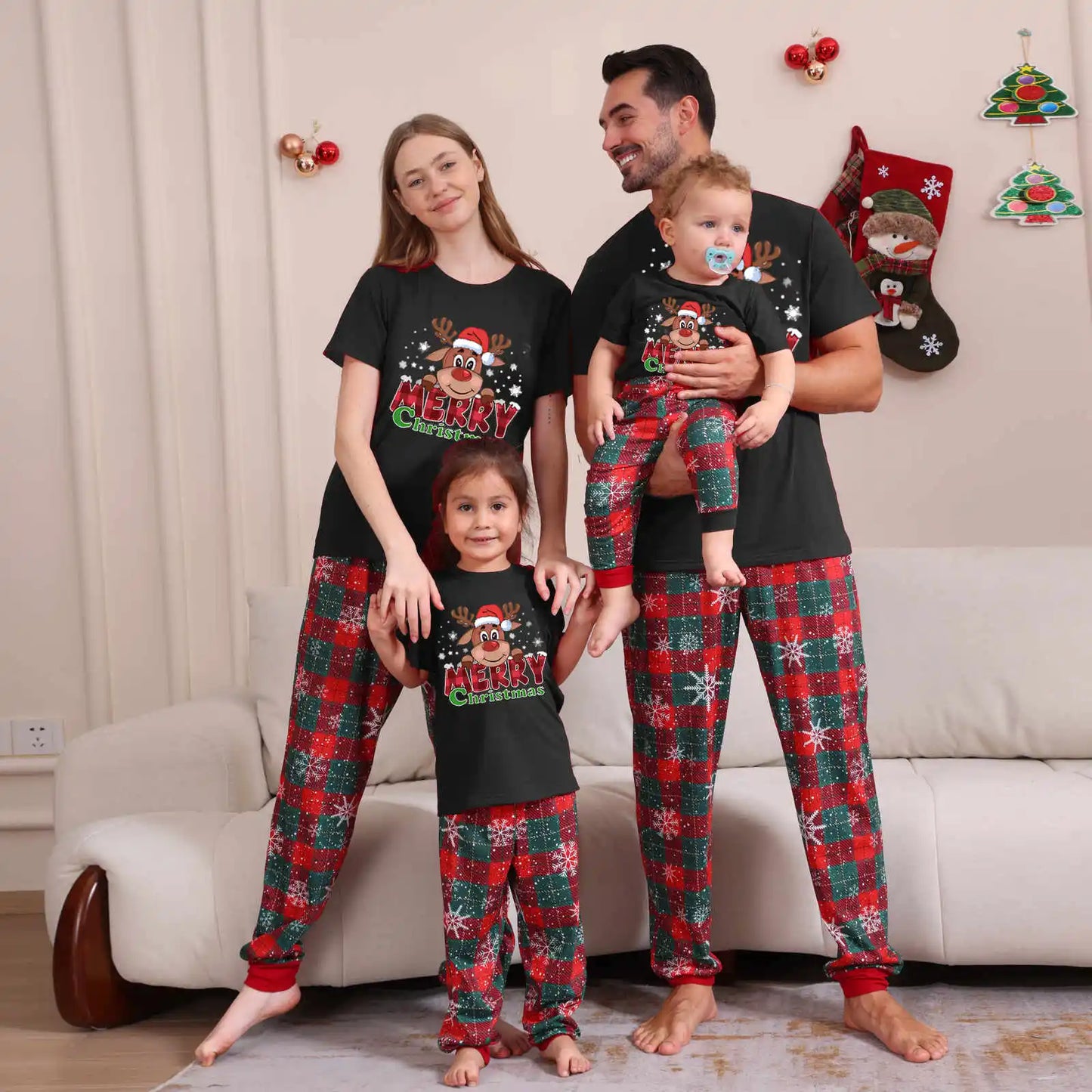 2025 Christmas Pajamas Set Short Sleeve O Neck T-Shirt+Trousers 2 Pieces Suit Family Matching Outfits Print Homewear Xmas Look