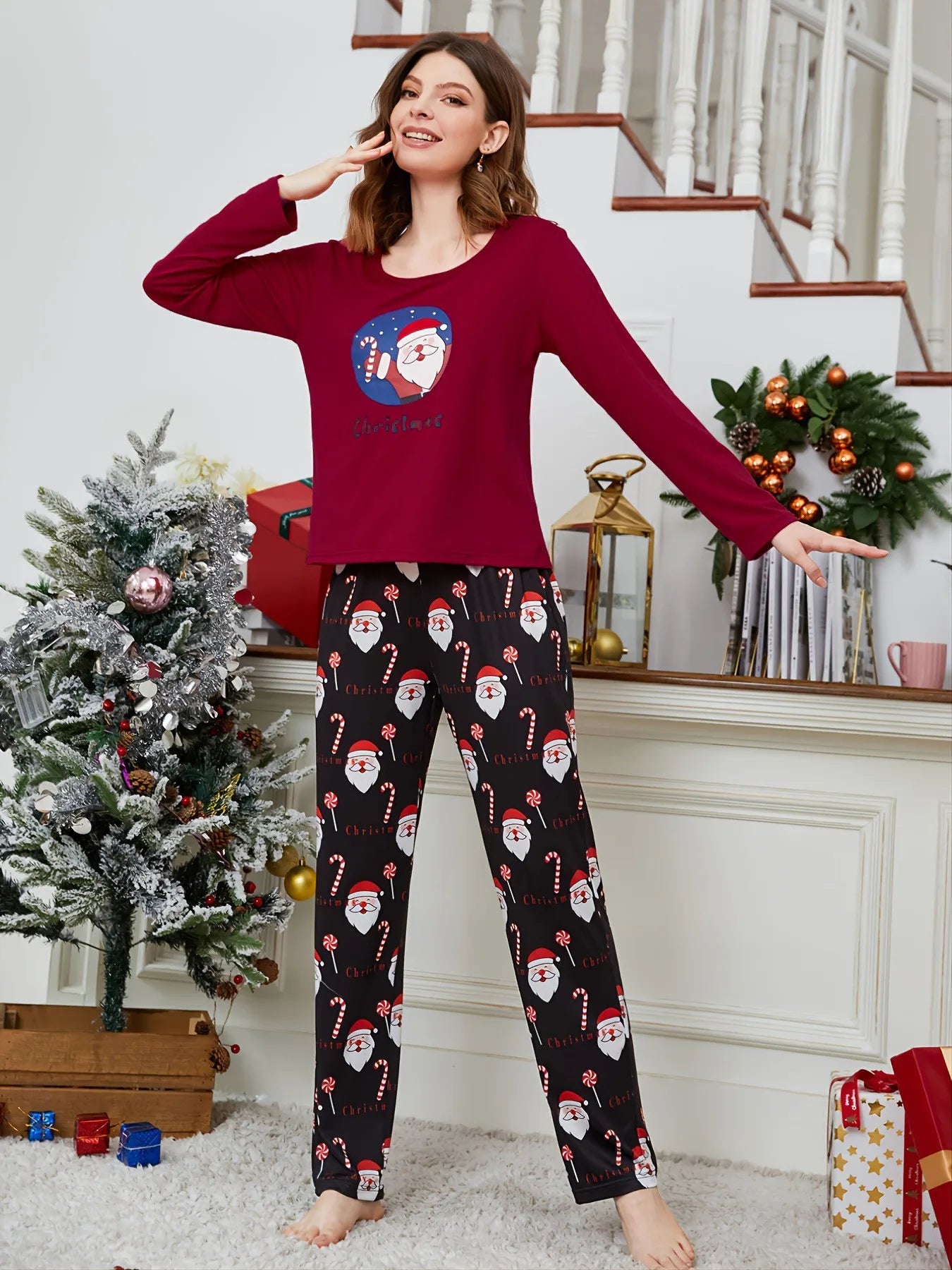 2025 New Santa Print Women's Pajamas Set Faux Satin Sleepwear Full Sleeve O Neck 2 Pieces Suit Christmas Pyjamas Thin Loose Pjs
