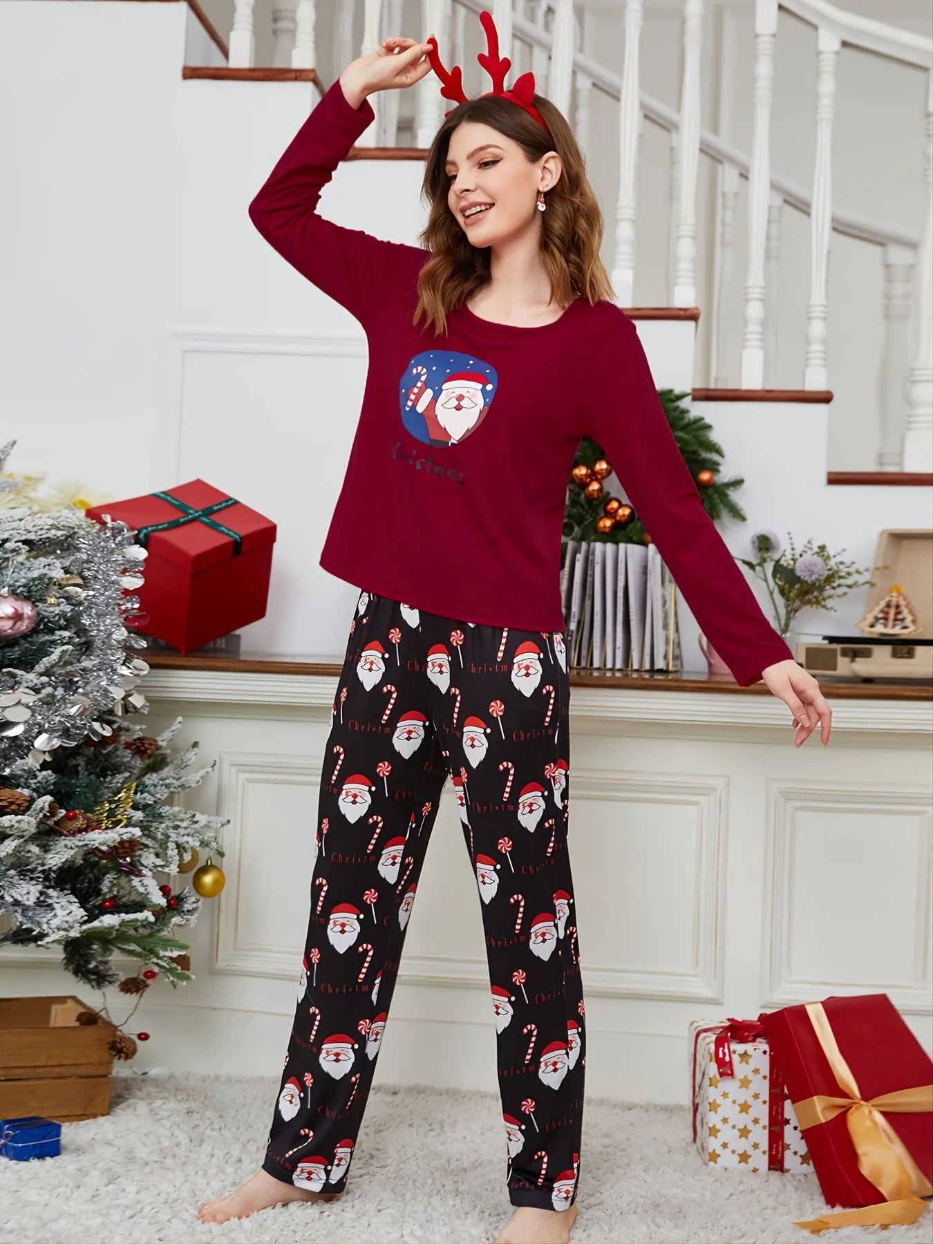 2025 New Santa Print Women's Pajamas Set Faux Satin Sleepwear Full Sleeve O Neck 2 Pieces Suit Christmas Pyjamas Thin Loose Pjs