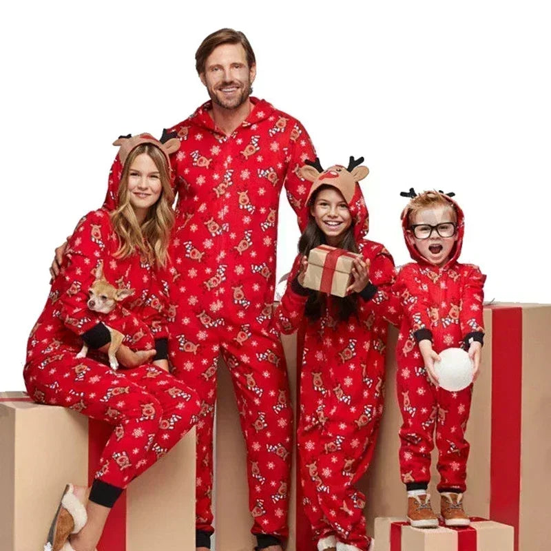 Christmas Matching Outfits for Family Elk Ear Hooded One-Piece Jumpsuit Romper Adults Kids Onesie Pajamas Xmas Look Wear Pyjamas
