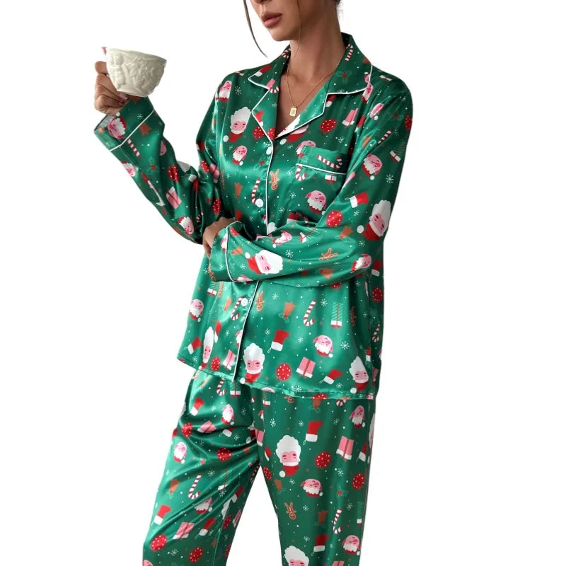 2025 New Women Christmas Pajamas Set Allover Print Button Shirt+trousers 2 Pieces Suit Sleepwear Female Sleepwear Xmas Look Pjs