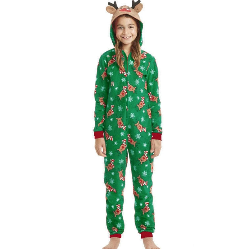 Christmas Matching Outfits for Family Elk Ear Hooded One-Piece Jumpsuit Romper Adults Kids Onesie Pajamas Xmas Look Wear Pyjamas