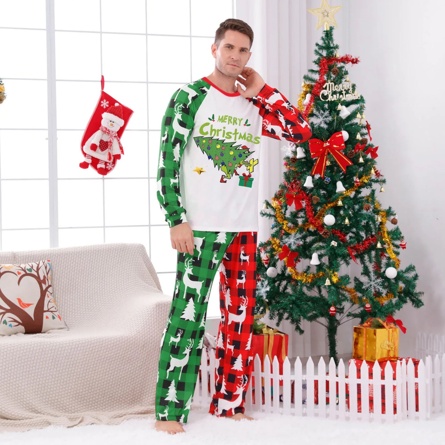 2026 Christmas Tree Patchwork Print Family Pajamas Set New Year's Costumes Holiday Wear Full Sleeve 2 Pcs Suit Pjs