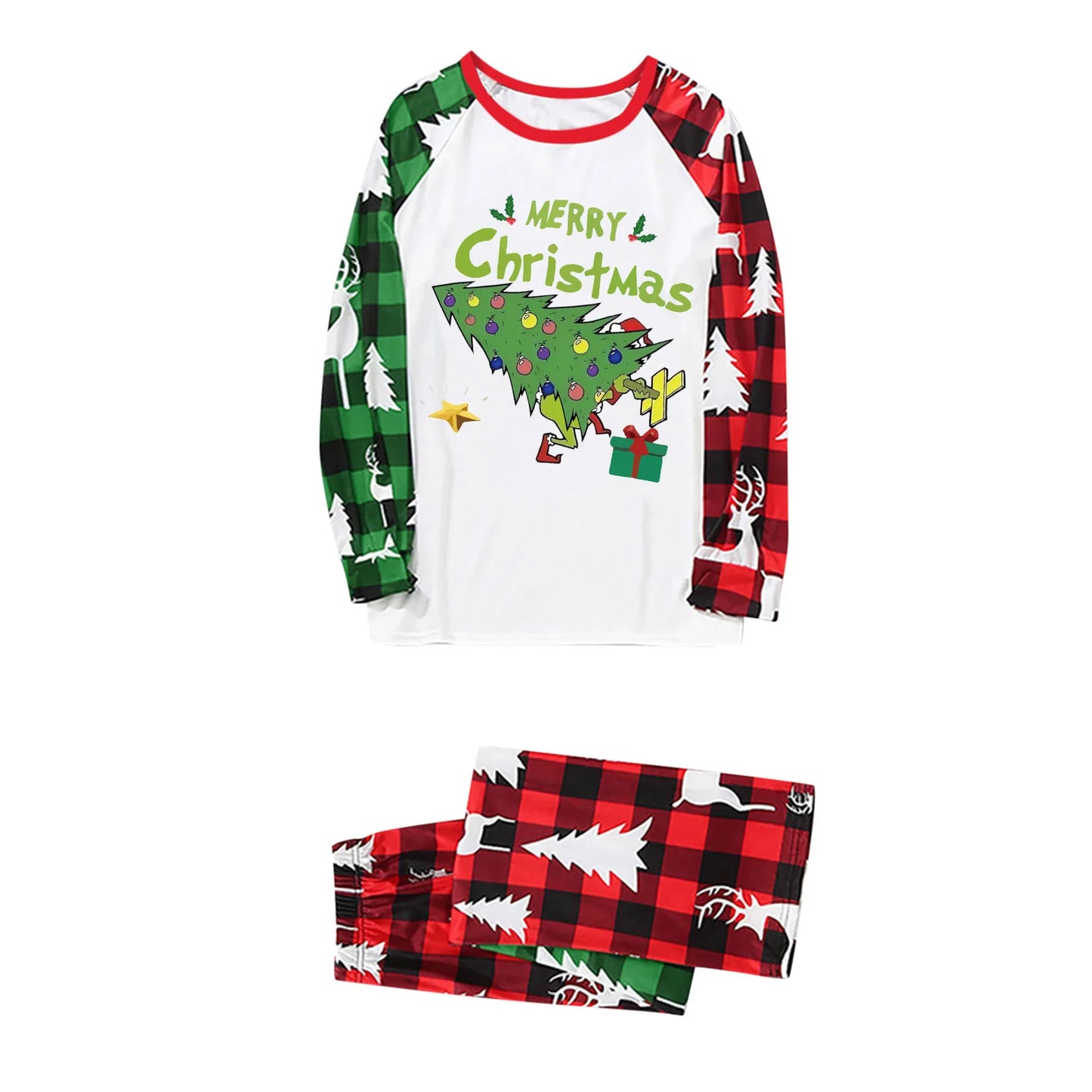 2026 Christmas Tree Patchwork Print Family Pajamas Set New Year's Costumes Holiday Wear Full Sleeve 2 Pcs Suit Pjs