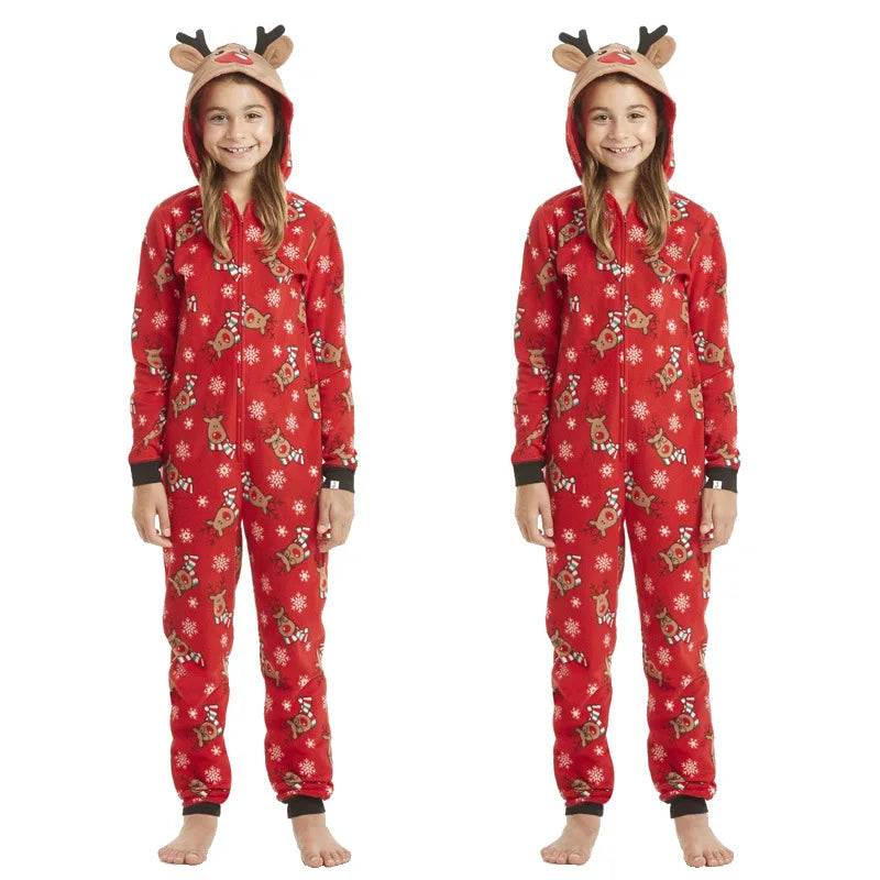 Christmas Matching Outfits for Family Elk Ear Hooded One-Piece Jumpsuit Romper Adults Kids Onesie Pajamas Xmas Look Wear Pyjamas