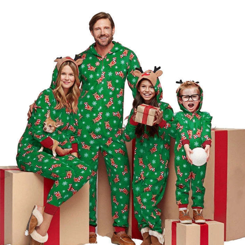 Christmas Matching Outfits for Family Elk Ear Hooded One-Piece Jumpsuit Romper Adults Kids Onesie Pajamas Xmas Look Wear Pyjamas