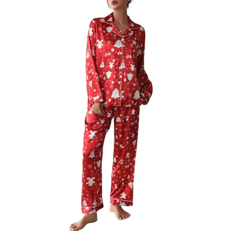 2025 New Women Christmas Pajamas Set Allover Print Button Shirt+trousers 2 Pieces Suit Sleepwear Female Sleepwear Xmas Look Pjs