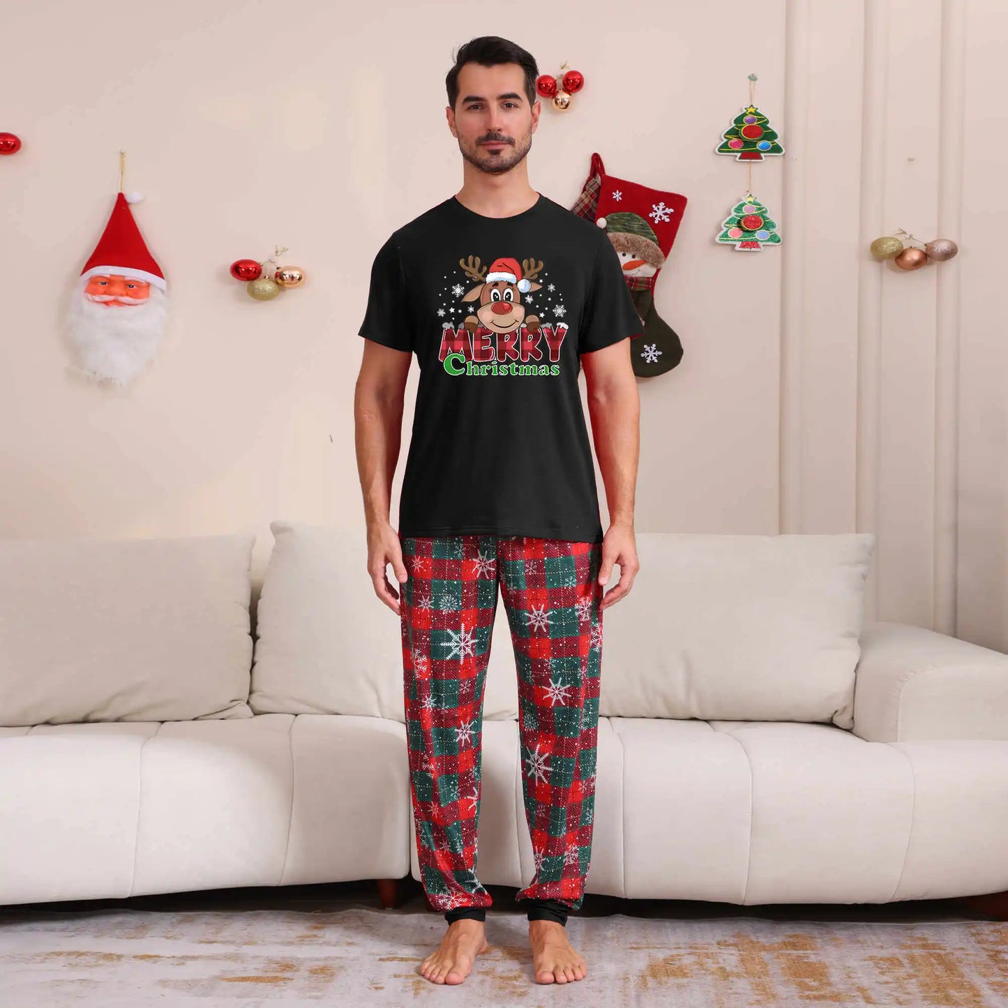 2025 Christmas Pajamas Set Short Sleeve O Neck T-Shirt+Trousers 2 Pieces Suit Family Matching Outfits Print Homewear Xmas Look