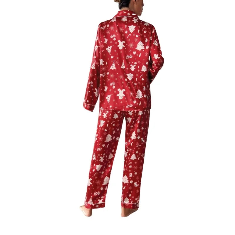 2025 New Women Christmas Pajamas Set Allover Print Button Shirt+trousers 2 Pieces Suit Sleepwear Female Sleepwear Xmas Look Pjs