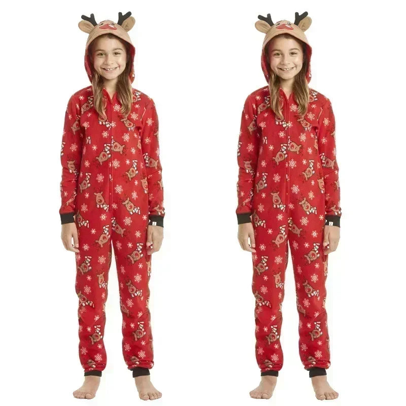 Christmas Matching Outfits for Family Elk Ear Hooded One-Piece Jumpsuit Romper Adults Kids Onesie Pajamas Xmas Look Wear Pyjamas