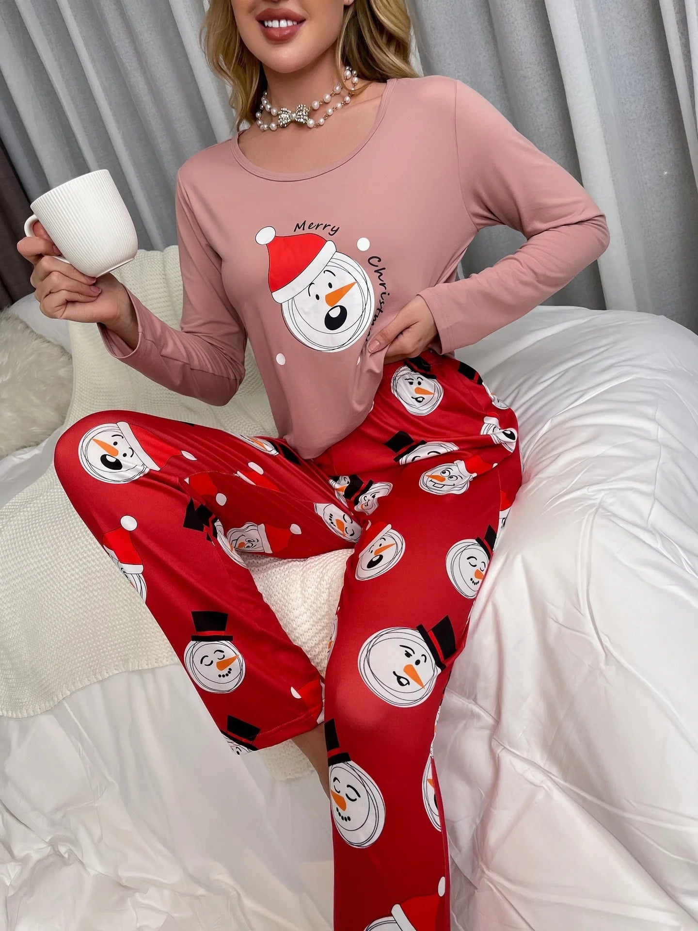 2025 New Santa Print Women's Pajamas Set Faux Satin Sleepwear Full Sleeve O Neck 2 Pieces Suit Christmas Pyjamas Thin Loose Pjs