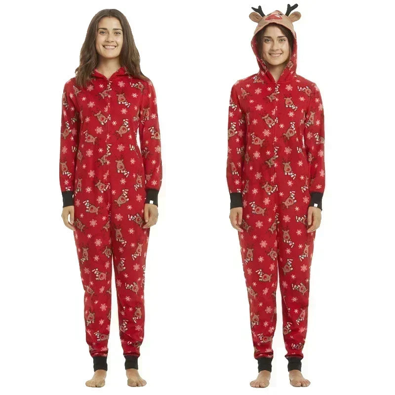 Christmas Matching Outfits for Family Elk Ear Hooded One-Piece Jumpsuit Romper Adults Kids Onesie Pajamas Xmas Look Wear Pyjamas