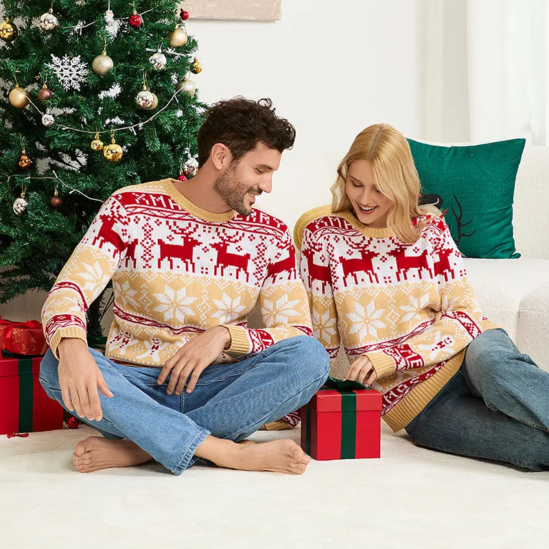 2025 Winter Mom Dad Kids Matching Outfit Christmas Sweater Full Sleeve Warm Soft Knitwear Elk Print Cute Jumper Xmas Family Look