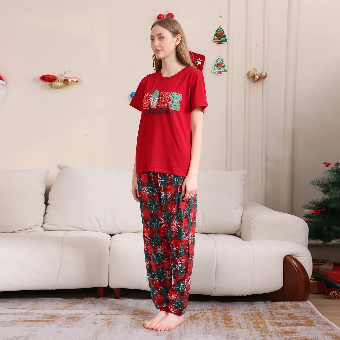 2025 Christmas Pajamas Set Short Sleeve O Neck T-Shirt+Trousers 2 Pieces Suit Family Matching Outfits Print Homewear Xmas Look