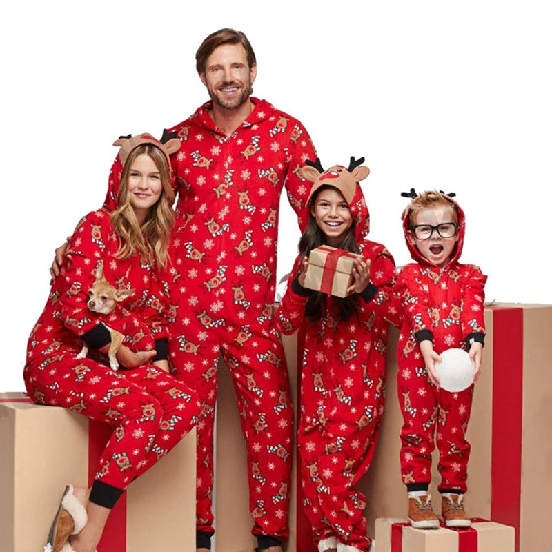 Christmas Matching Outfits for Family Elk Ear Hooded One-Piece Jumpsuit Romper Adults Kids Onesie Pajamas Xmas Look Wear Pyjamas