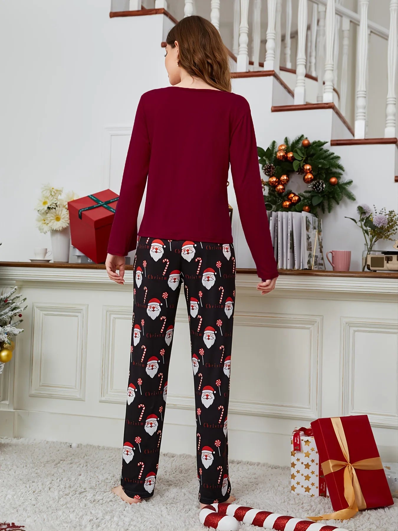 2025 New Santa Print Women's Pajamas Set Faux Satin Sleepwear Full Sleeve O Neck 2 Pieces Suit Christmas Pyjamas Thin Loose Pjs