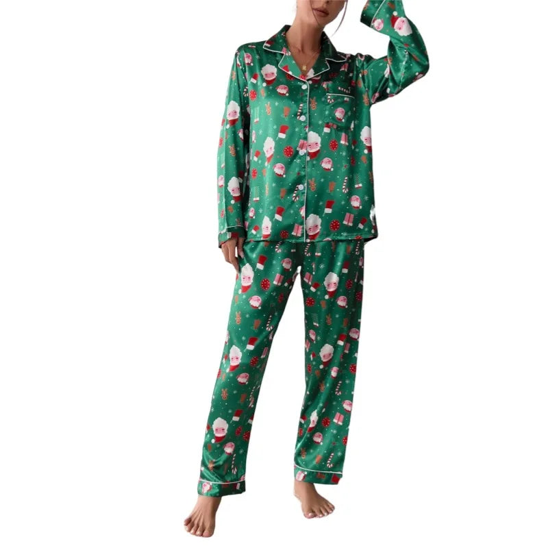 2025 New Women Christmas Pajamas Set Allover Print Button Shirt+trousers 2 Pieces Suit Sleepwear Female Sleepwear Xmas Look Pjs