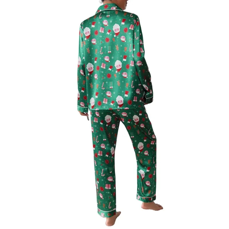 2025 New Women Christmas Pajamas Set Allover Print Button Shirt+trousers 2 Pieces Suit Sleepwear Female Sleepwear Xmas Look Pjs
