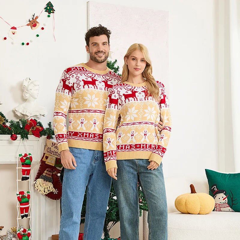 2025 Winter Mom Dad Kids Matching Outfit Christmas Sweater Full Sleeve Warm Soft Knitwear Elk Print Cute Jumper Xmas Family Look