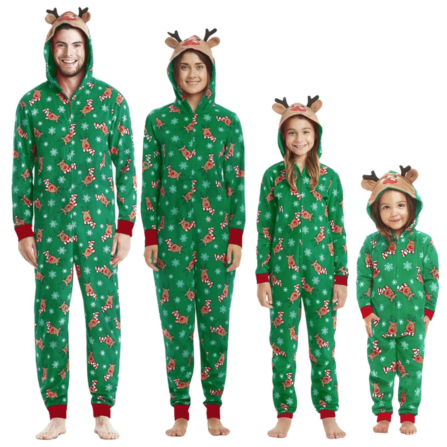 Christmas Matching Outfits for Family Elk Ear Hooded One-Piece Jumpsuit Romper Adults Kids Onesie Pajamas Xmas Look Wear Pyjamas