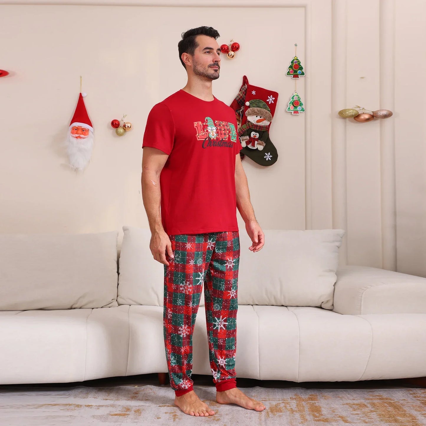 2025 Christmas Pajamas Set Short Sleeve O Neck T-Shirt+Trousers 2 Pieces Suit Family Matching Outfits Print Homewear Xmas Look