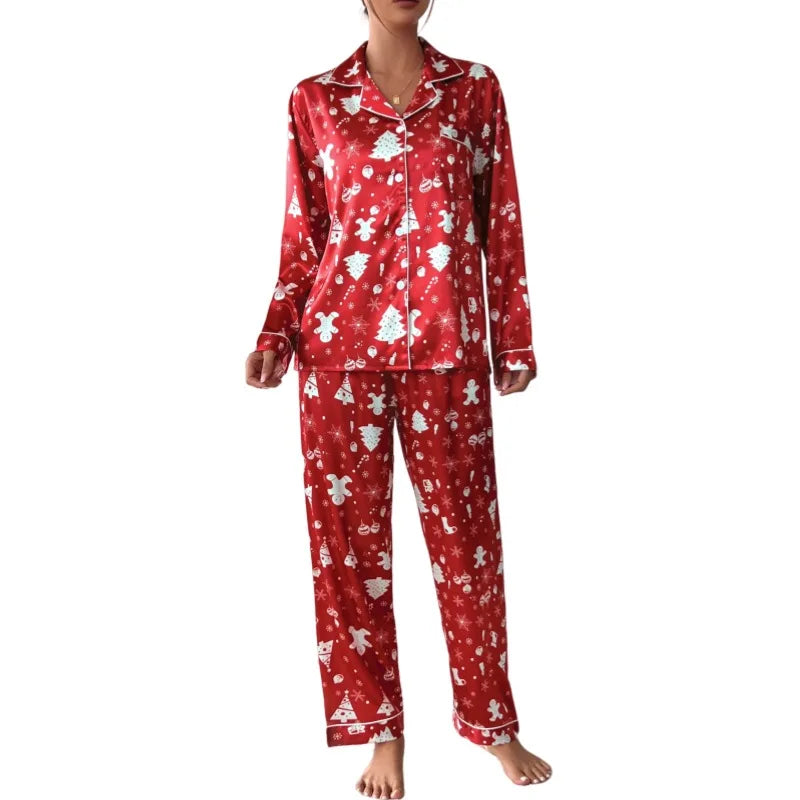 2025 New Women Christmas Pajamas Set Allover Print Button Shirt+trousers 2 Pieces Suit Sleepwear Female Sleepwear Xmas Look Pjs