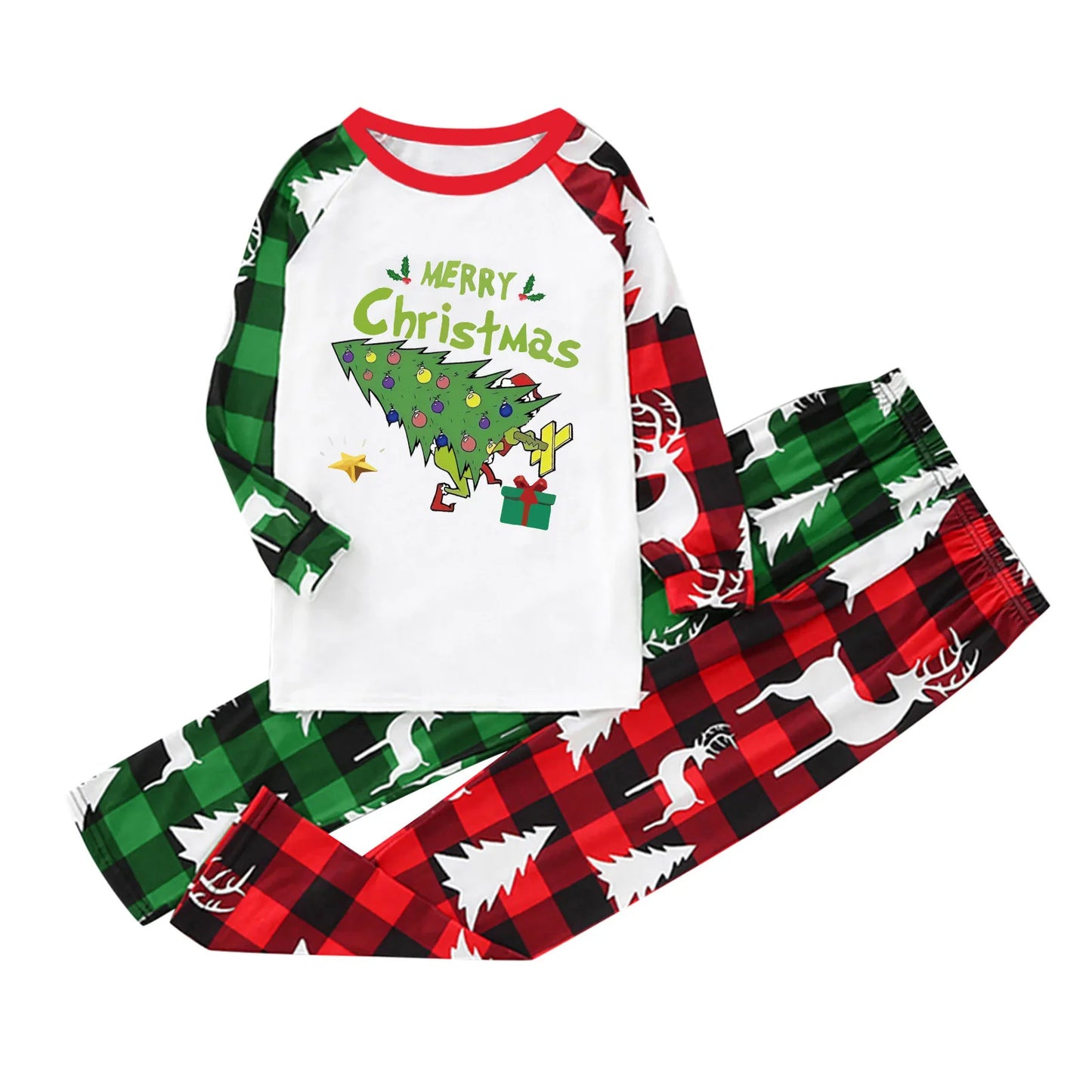2026 Christmas Tree Patchwork Print Family Pajamas Set New Year's Costumes Holiday Wear Full Sleeve 2 Pcs Suit Pjs