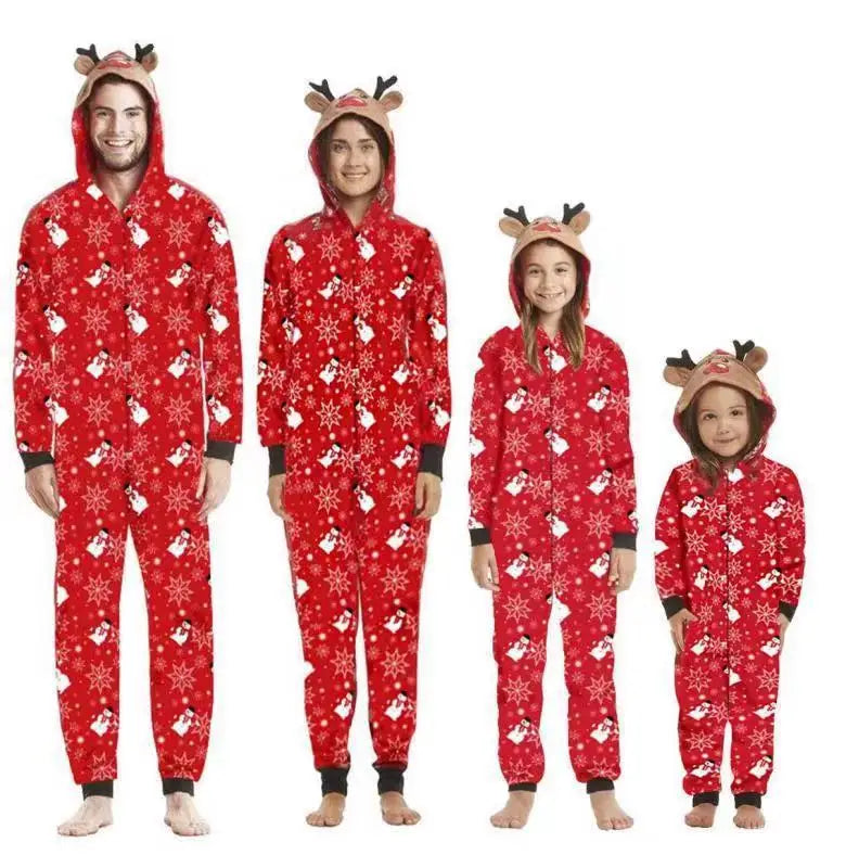 Christmas Matching Outfits for Family Elk Ear Hooded One-Piece Jumpsuit Romper Adults Kids Onesie Pajamas Xmas Look Wear Pyjamas