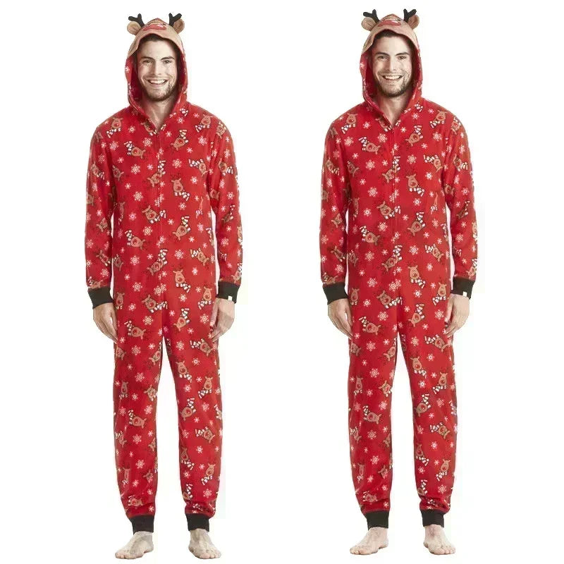 Christmas Matching Outfits for Family Elk Ear Hooded One-Piece Jumpsuit Romper Adults Kids Onesie Pajamas Xmas Look Wear Pyjamas