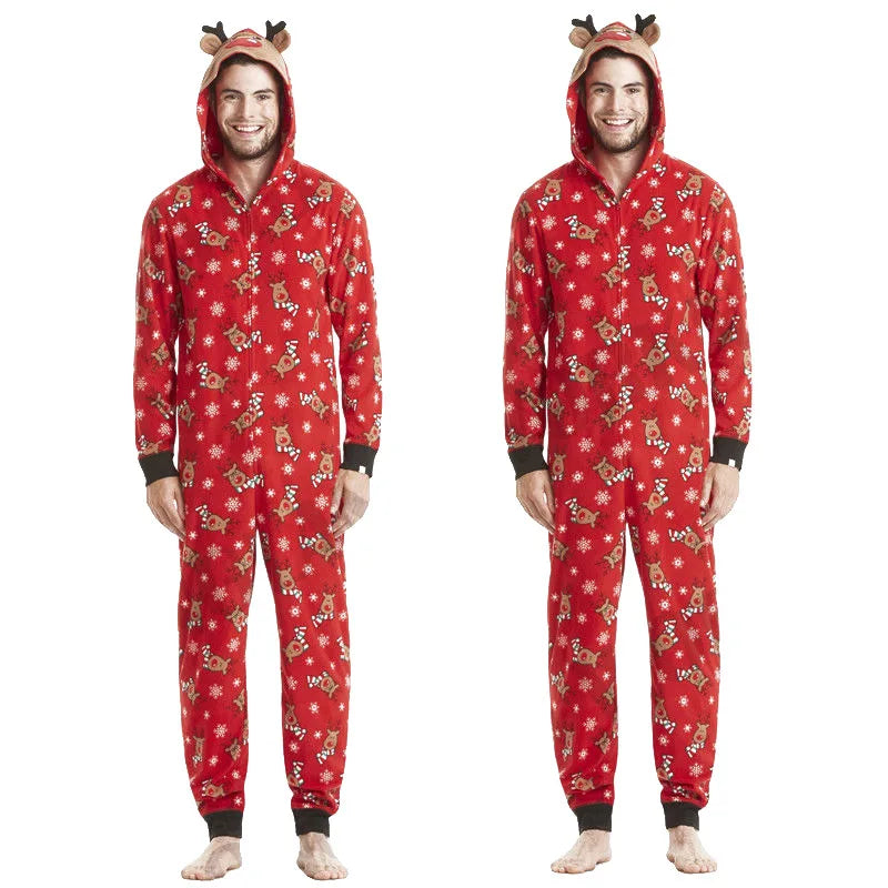 Christmas Matching Outfits for Family Elk Ear Hooded One-Piece Jumpsuit Romper Adults Kids Onesie Pajamas Xmas Look Wear Pyjamas
