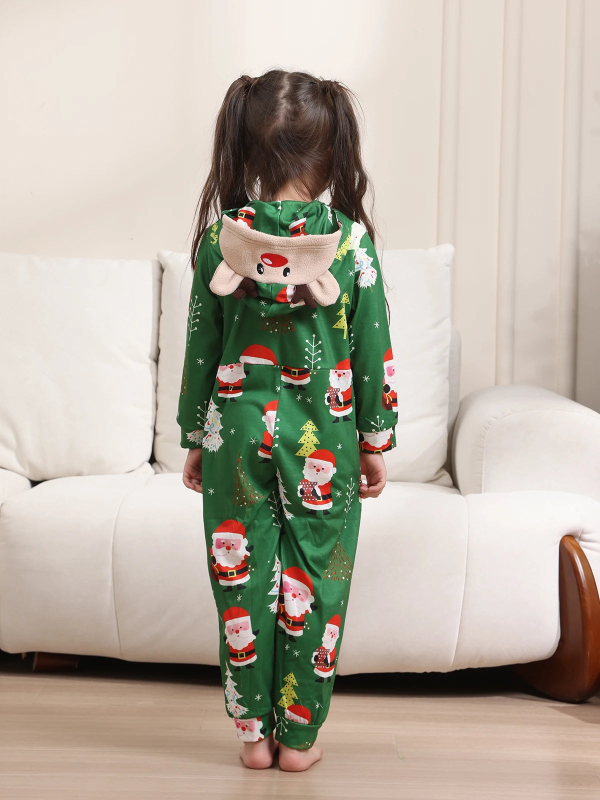 New Christmas Family Look Onesies Santa Print One-piece Jumpsuit Adults Kids Matching Pajamas Cute Zipper Hooded Romper Xmas Pjs