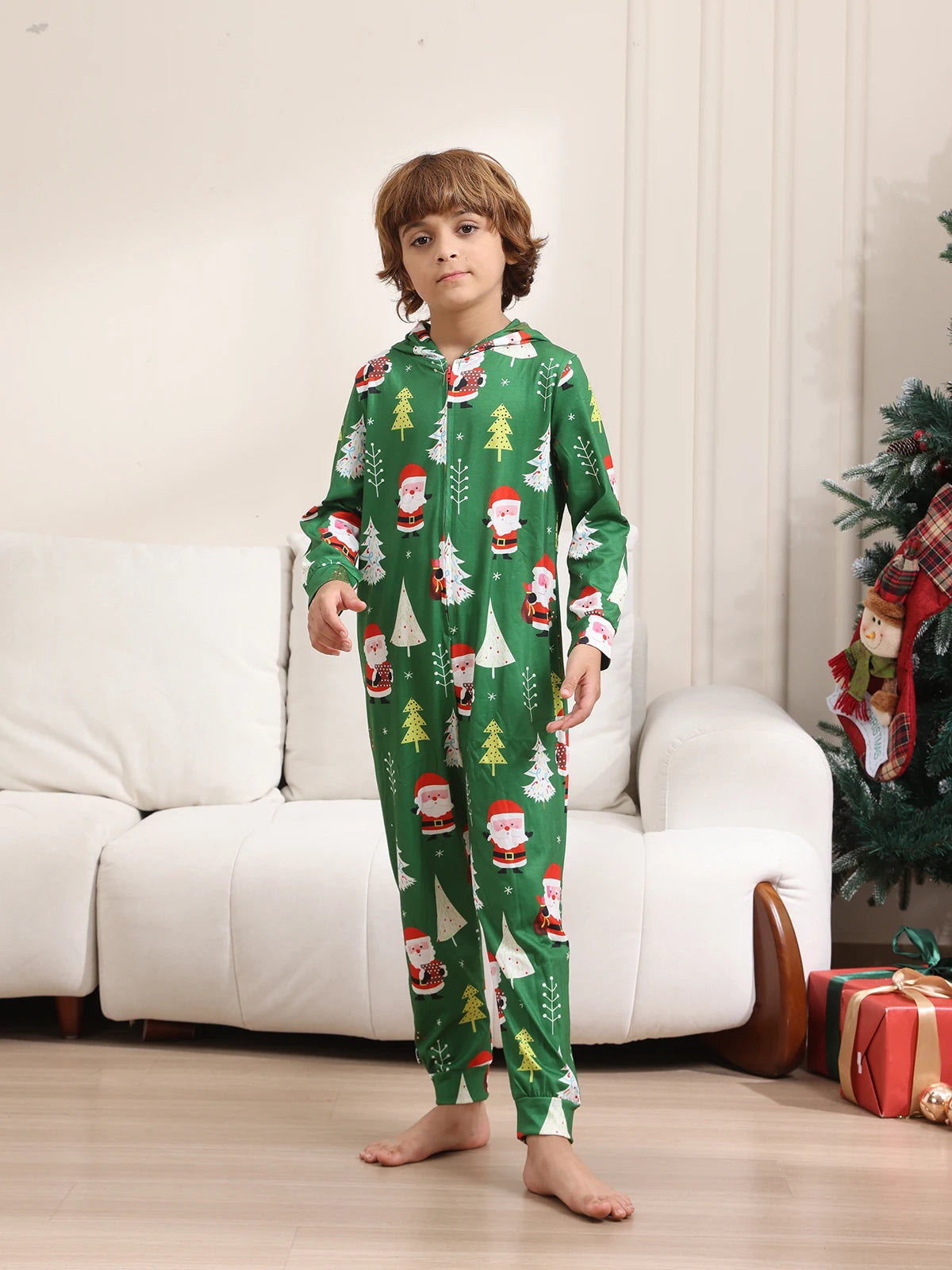 New Christmas Family Look Onesies Santa Print One-piece Jumpsuit Adults Kids Matching Pajamas Cute Zipper Hooded Romper Xmas Pjs