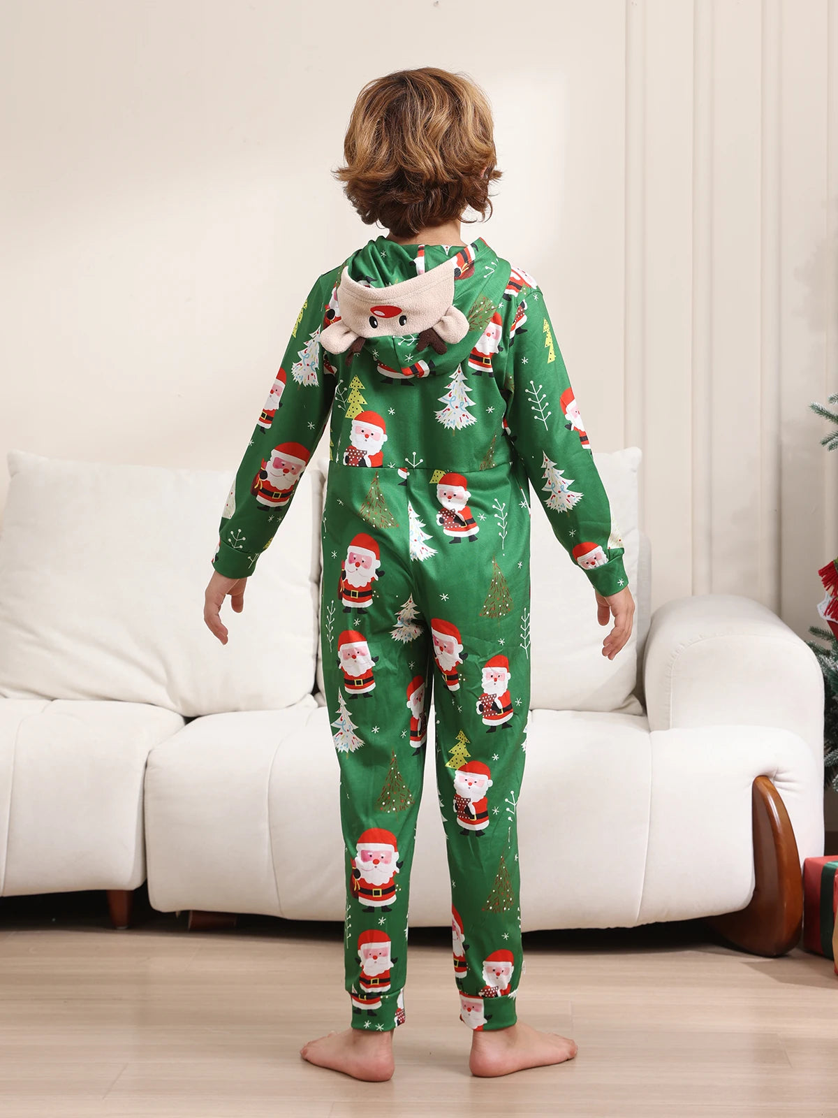 New Christmas Family Look Onesies Santa Print One-piece Jumpsuit Adults Kids Matching Pajamas Cute Zipper Hooded Romper Xmas Pjs