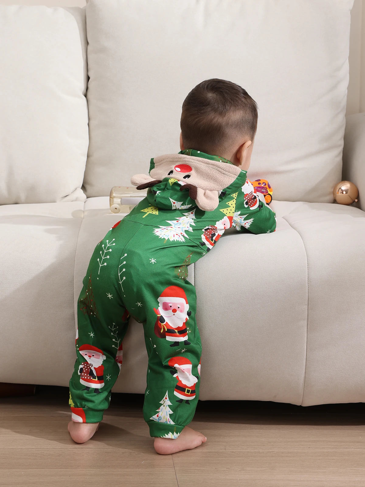 New Christmas Family Look Onesies Santa Print One-piece Jumpsuit Adults Kids Matching Pajamas Cute Zipper Hooded Romper Xmas Pjs