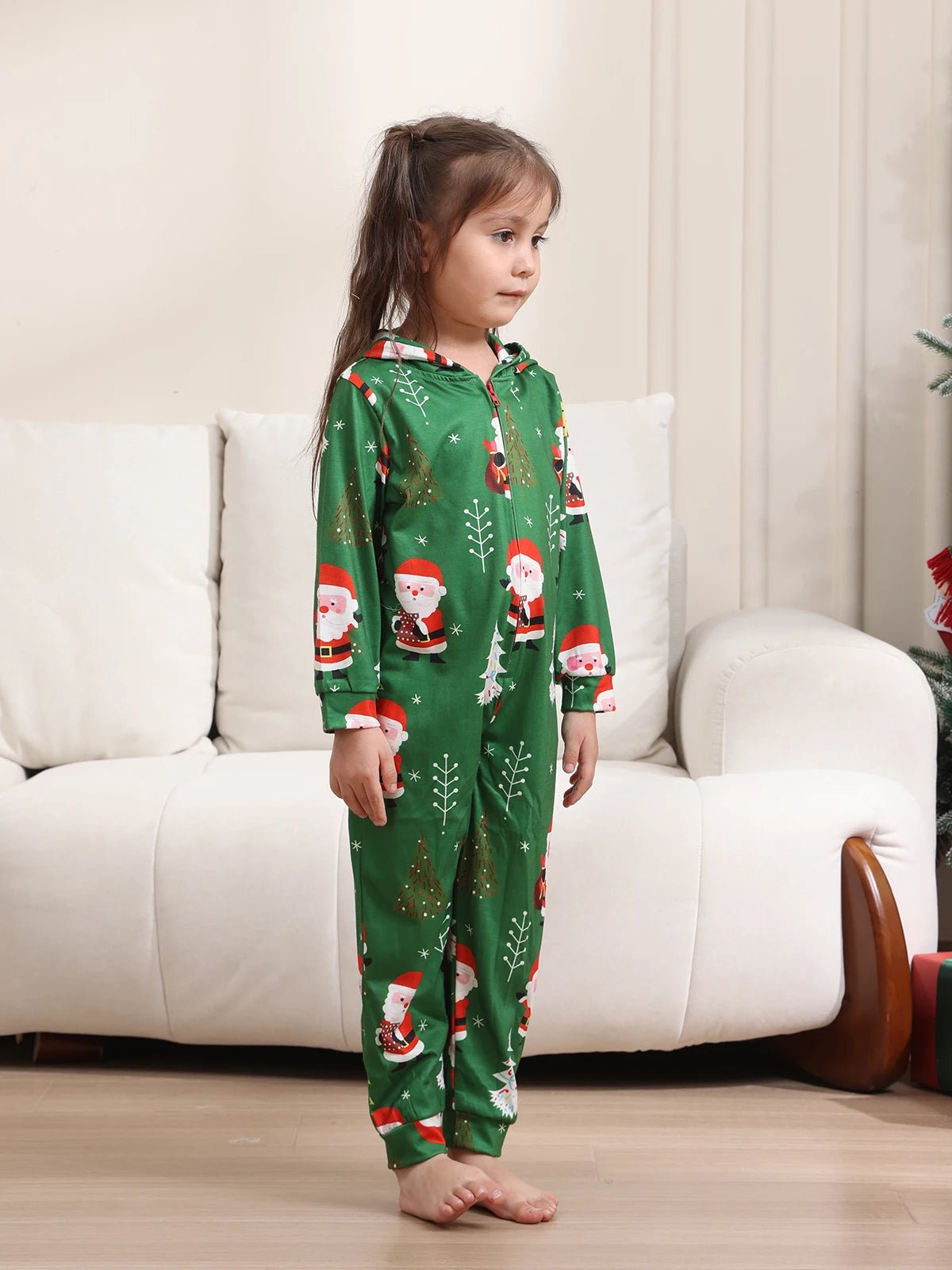 New Christmas Family Look Onesies Santa Print One-piece Jumpsuit Adults Kids Matching Pajamas Cute Zipper Hooded Romper Xmas Pjs