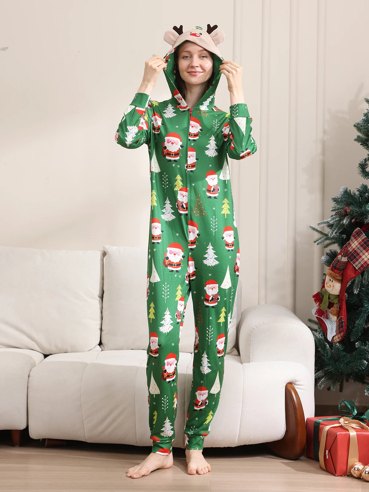 New Christmas Family Look Onesies Santa Print One-piece Jumpsuit Adults Kids Matching Pajamas Cute Zipper Hooded Romper Xmas Pjs