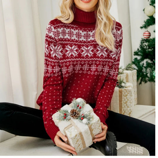 Winter 2025 Women's Christmas Sweater Full Sleeve Turtleneck Knitted Jumpers Soft Loose Jacquard Pullover Tops Female Xmas Look