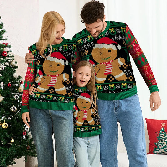 2025 Christmas Family Sweater Gingerbread Man Print Warm Soft Knitwear Full Sleeve O Neck Jumpers Adults Kids Matching Pullovers
