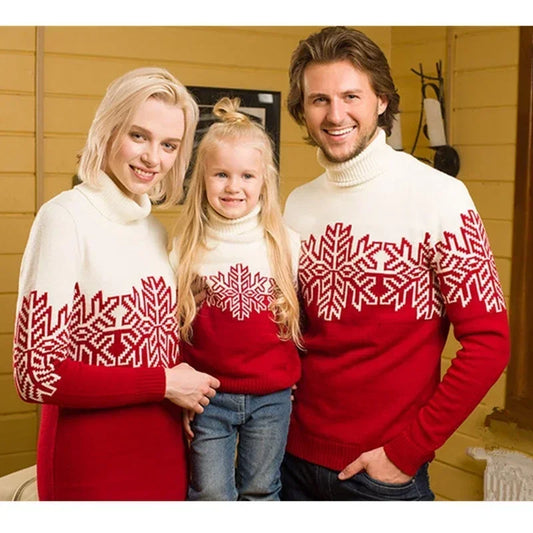 2025 New Family Matching Outfits Christmas Jumper Mom Turtleneck Dress Dad Kids Sweater Knitwear Pullover Top Xmas Look Sweaters
