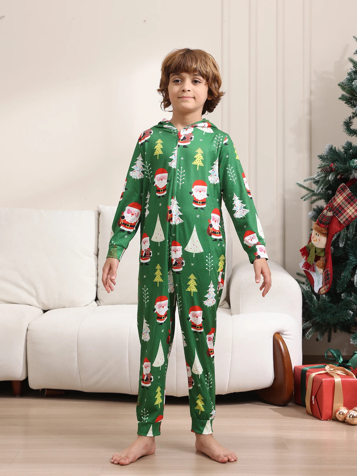 New Christmas Family Look Onesies Santa Print One-piece Jumpsuit Adults Kids Matching Pajamas Cute Zipper Hooded Romper Xmas Pjs