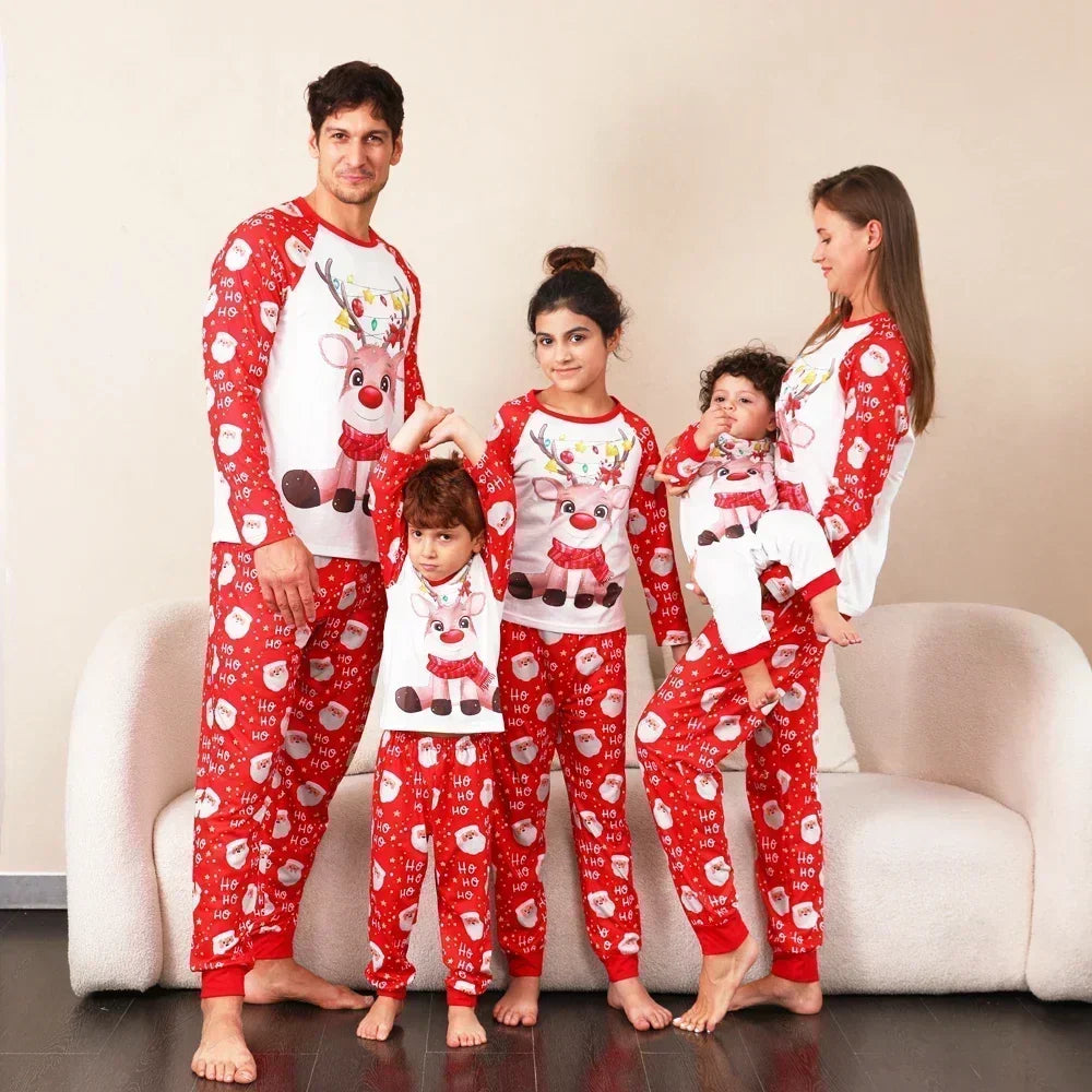 New Family Christmas Pyjamas Cartoon Elk Print Adults Kids Matching Clothing Set Full Sleeve 2 Pieces Suit Xmas Sleepwear