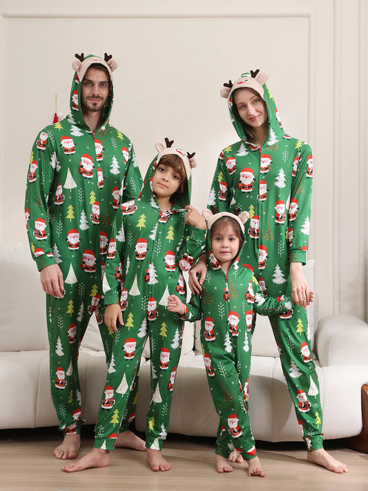 New Christmas Family Look Onesies Santa Print One-piece Jumpsuit Adults Kids Matching Pajamas Cute Zipper Hooded Romper Xmas Pjs