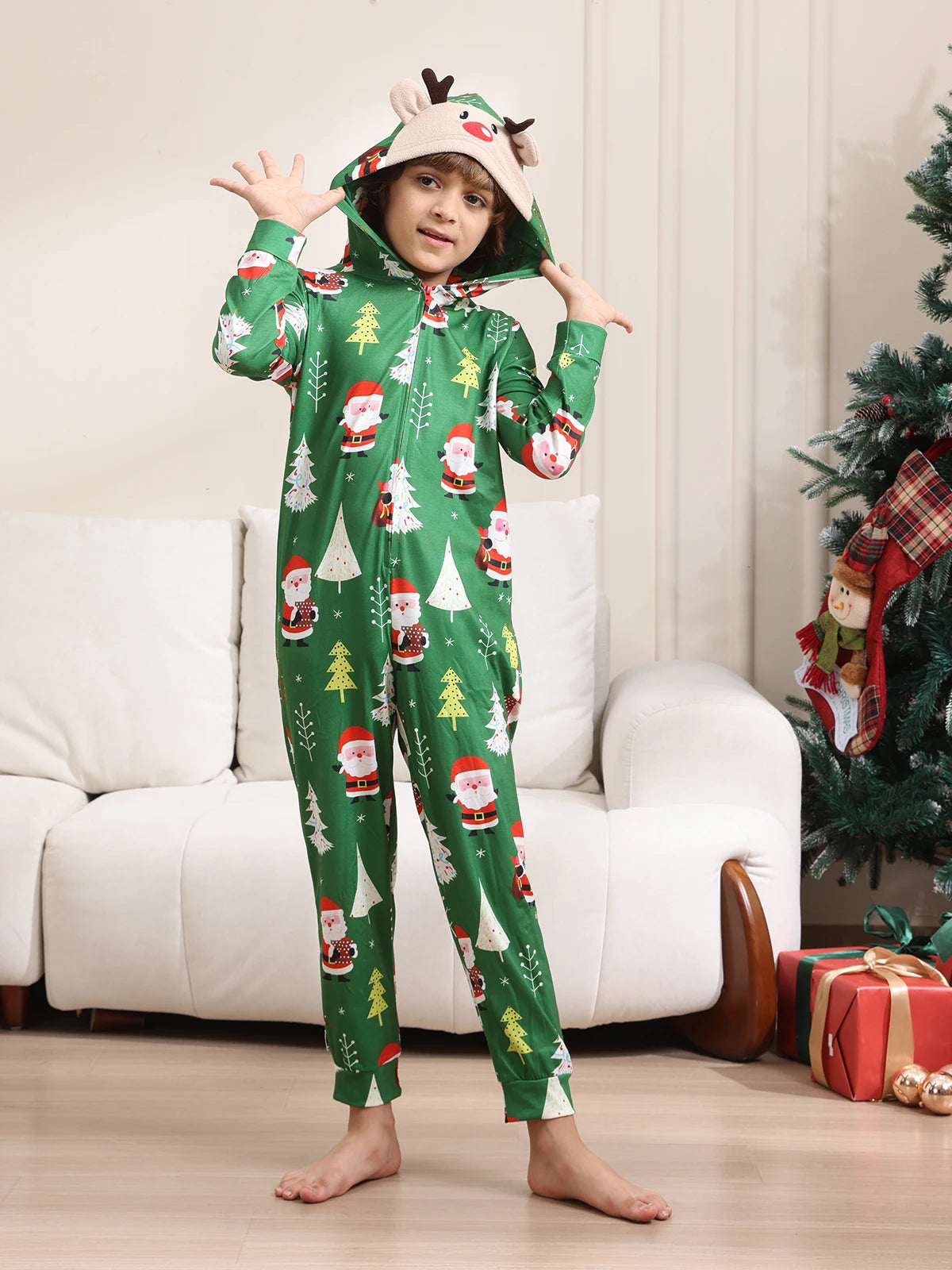 New Christmas Family Look Onesies Santa Print One-piece Jumpsuit Adults Kids Matching Pajamas Cute Zipper Hooded Romper Xmas Pjs