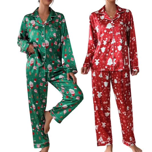 2025 New Women Christmas Pajamas Set Allover Print Button Shirt+trousers 2 Pieces Suit Sleepwear Female Sleepwear Xmas Look Pjs